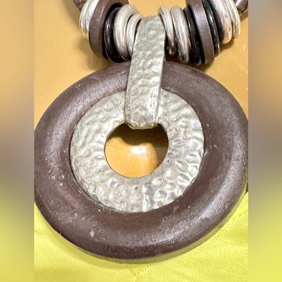 Artisan Necklace Brutalist Statement Brown Wood Ring Silver Tone Braided 3405 W - Picture 5 of 15